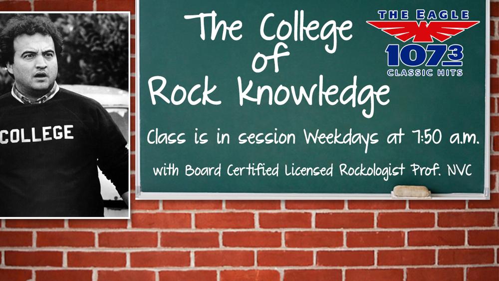 The College of Rock Knowledge: Class is in session Weekdays at 7:50 am with Board Certified Licensed Rockologist Prof. NVC. From The Eagle, 107:3 Classic Hits. There's an image of a man wearing a generic sweater that says "College" and he has a dumbfounded look on his face.