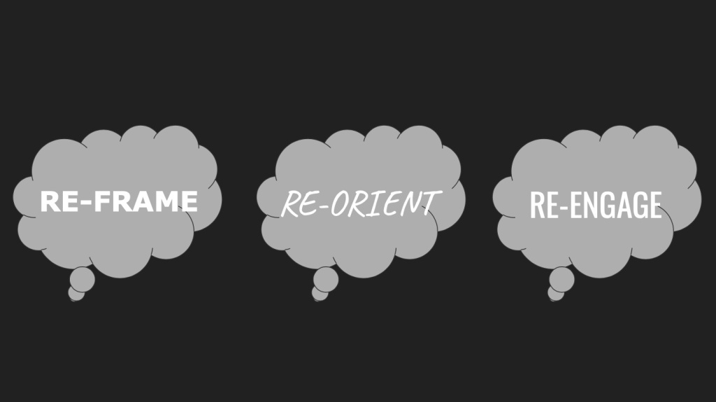 Three grey thought bubbles are displayed horizontally against a black backdrop. The first says "re-frame." The second says "re-orient." The third says "re-engage."
